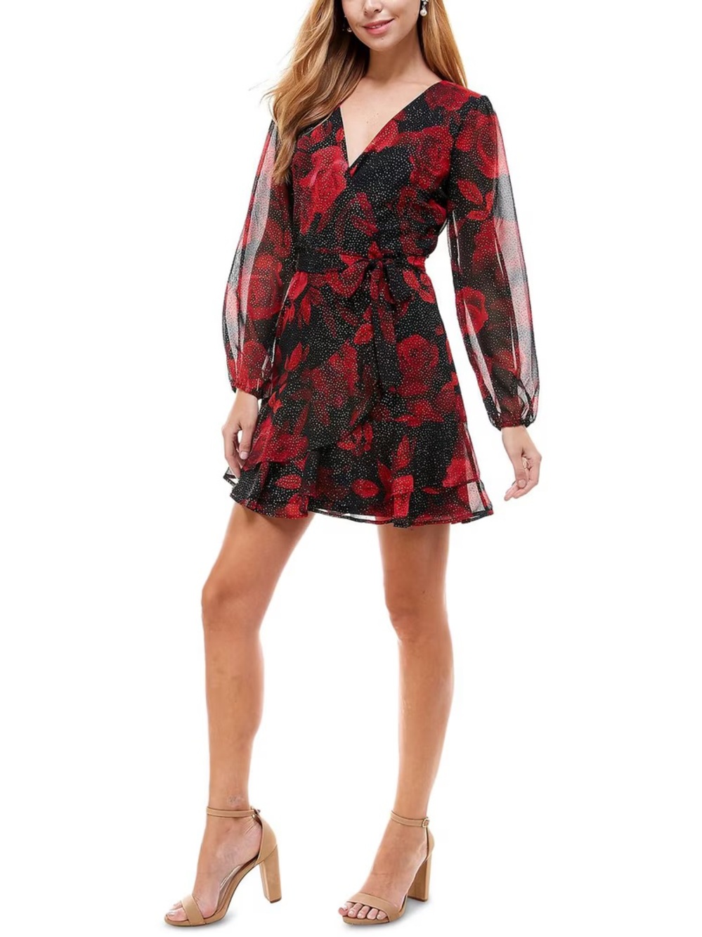 City Triangles Metallic Red Floral Wrap Dress Size 11 (~M/L) NWT